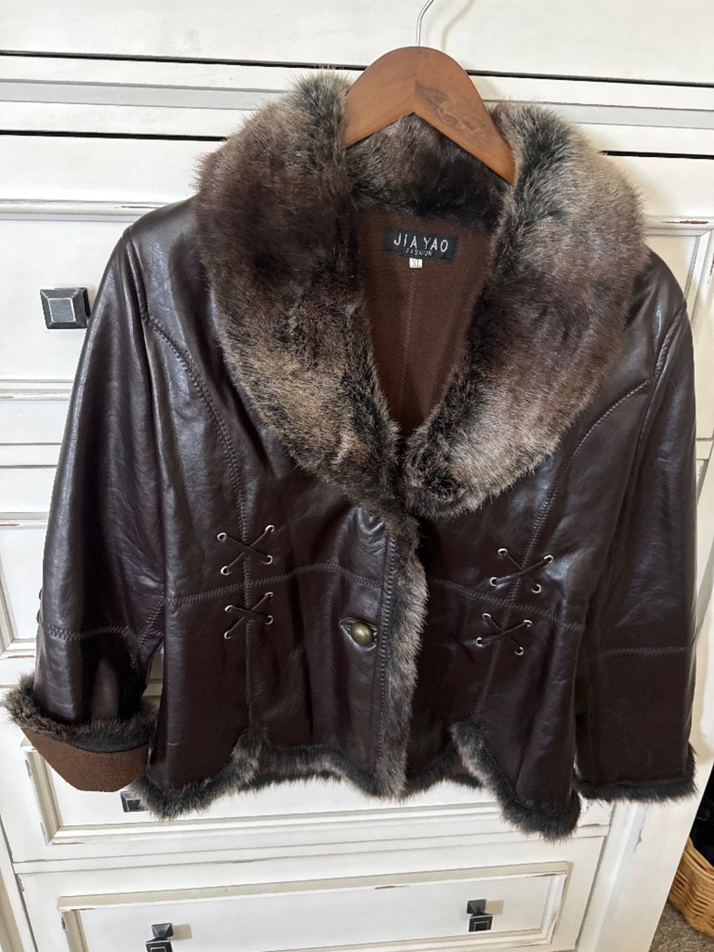 JIA YAO Brown Faux Leather Faux Fur Trim Jacket Size XL
